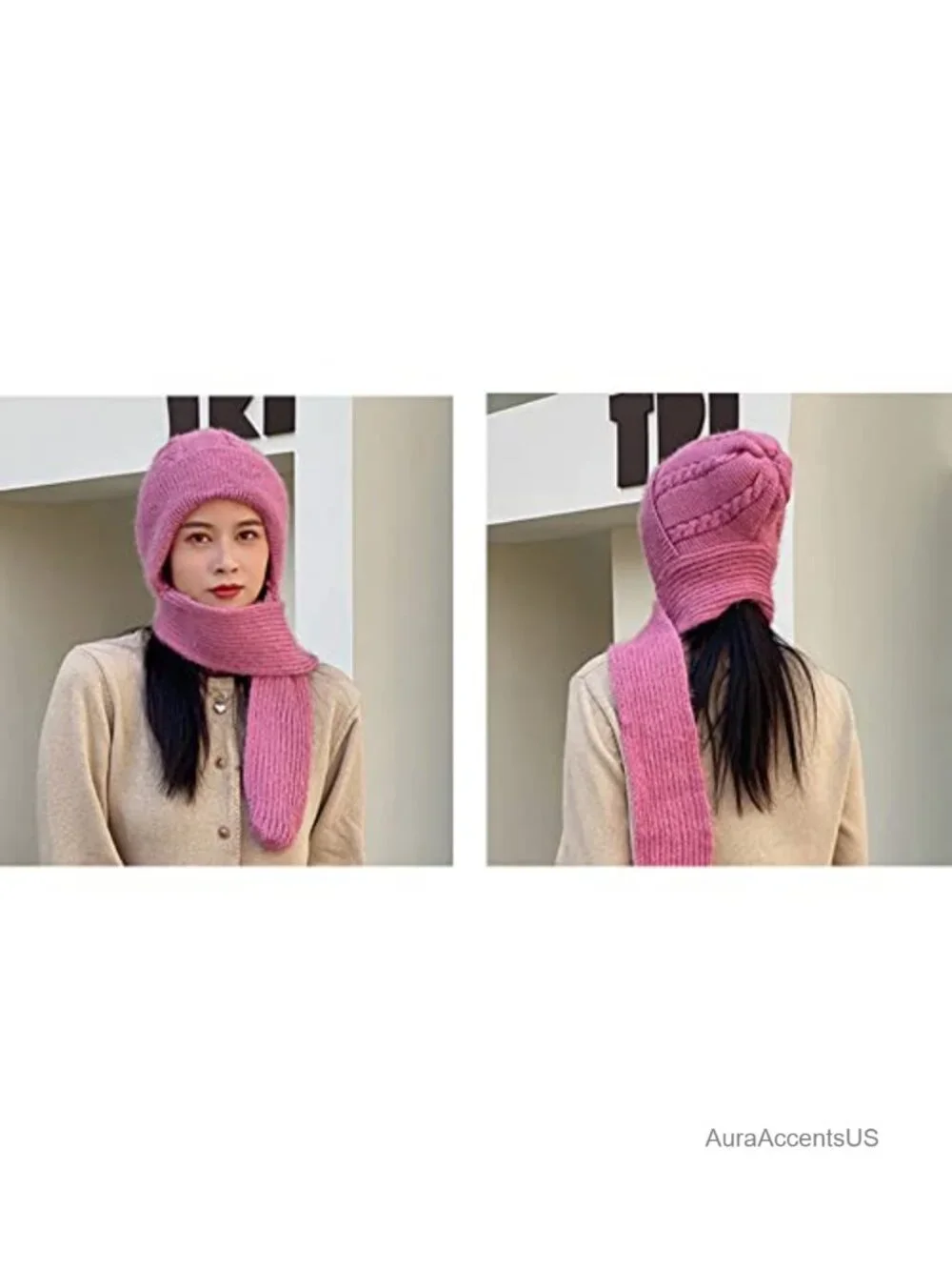 Fleece Lined Knit Beanie Hat with Scarf - Warm Winter Ear Protection